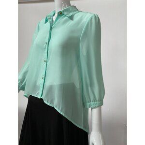 All Kris Womens Sheer Mint Green Button-Up Blouse With 3/4 Sleeves & Asymmetrica